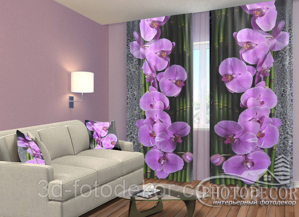 3D Фото Штори "Орхідеї на чорному" 2,5м*2,6м (2 полотна по 1,30м), тасьма