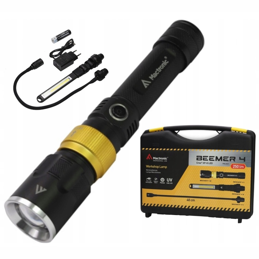 Професійний ліхтар з ультрафіолетом Mactronic Beemer 4 | 350 лм, UV 390 нм, фокусування, магнітне кріплення, USB зарядка