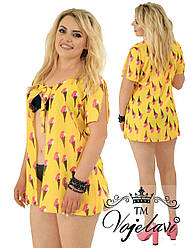 Повітряна коротка пляжна накидка-туніка шифонова з завязкою на грудях, батал великі розміри