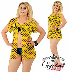 Повітряна коротка пляжна накидка-туніка шифонова в горох з завязкою на грудях, батал великі розміри