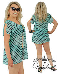 Повітряна коротка пляжна накидка-туніка шифонова в горох з завязкою на грудях, батал великі розміри