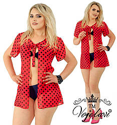 Повітряна коротка пляжна накидка-туніка шифонова в горох з завязкою на грудях, батал великі розміри