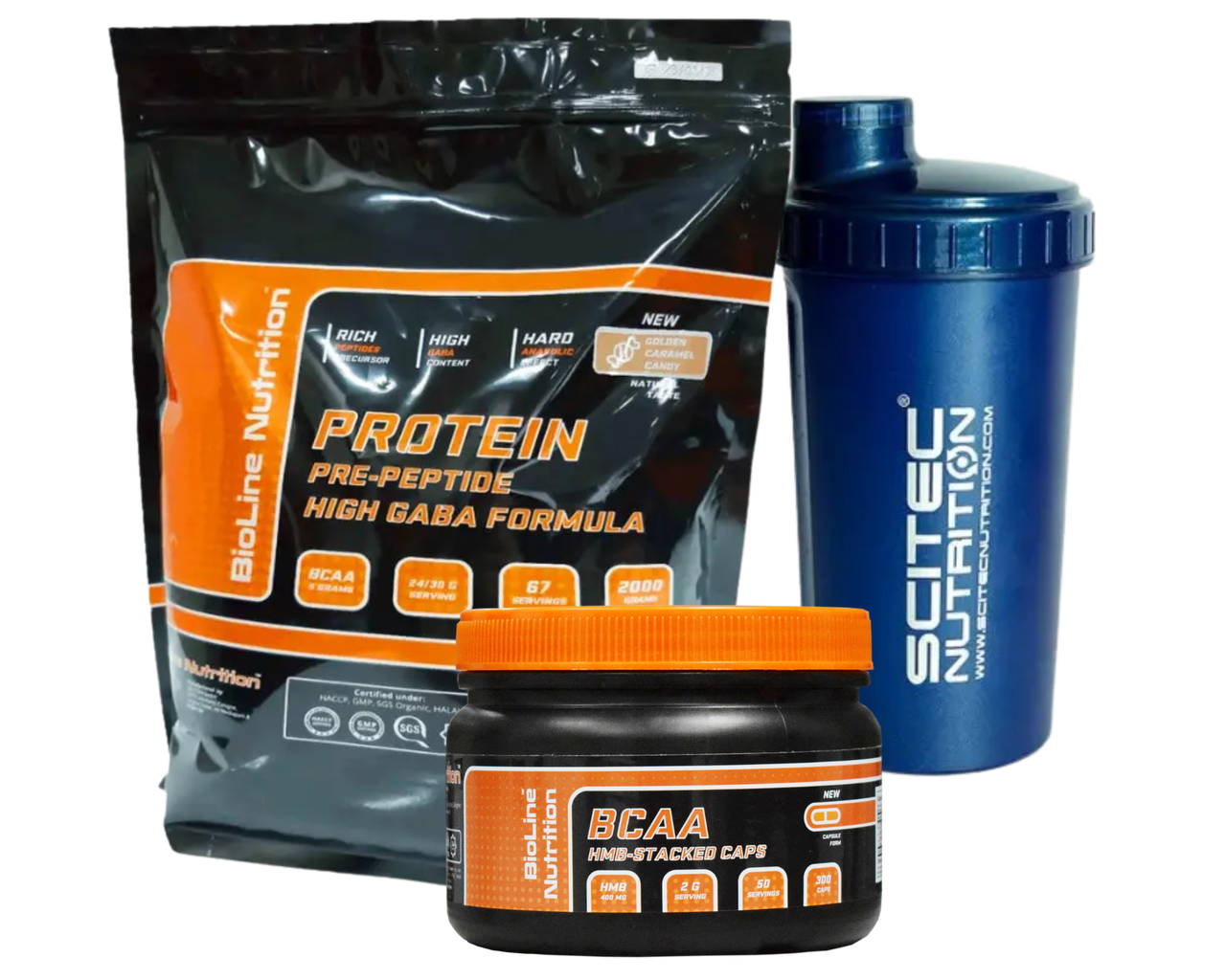 Повний набір для спортсменів: Протеїн 2 кг смак тірамісу і ВСАА 2:1:1 300 капсул від Bioline Nutrition + Шейкер, фото 1