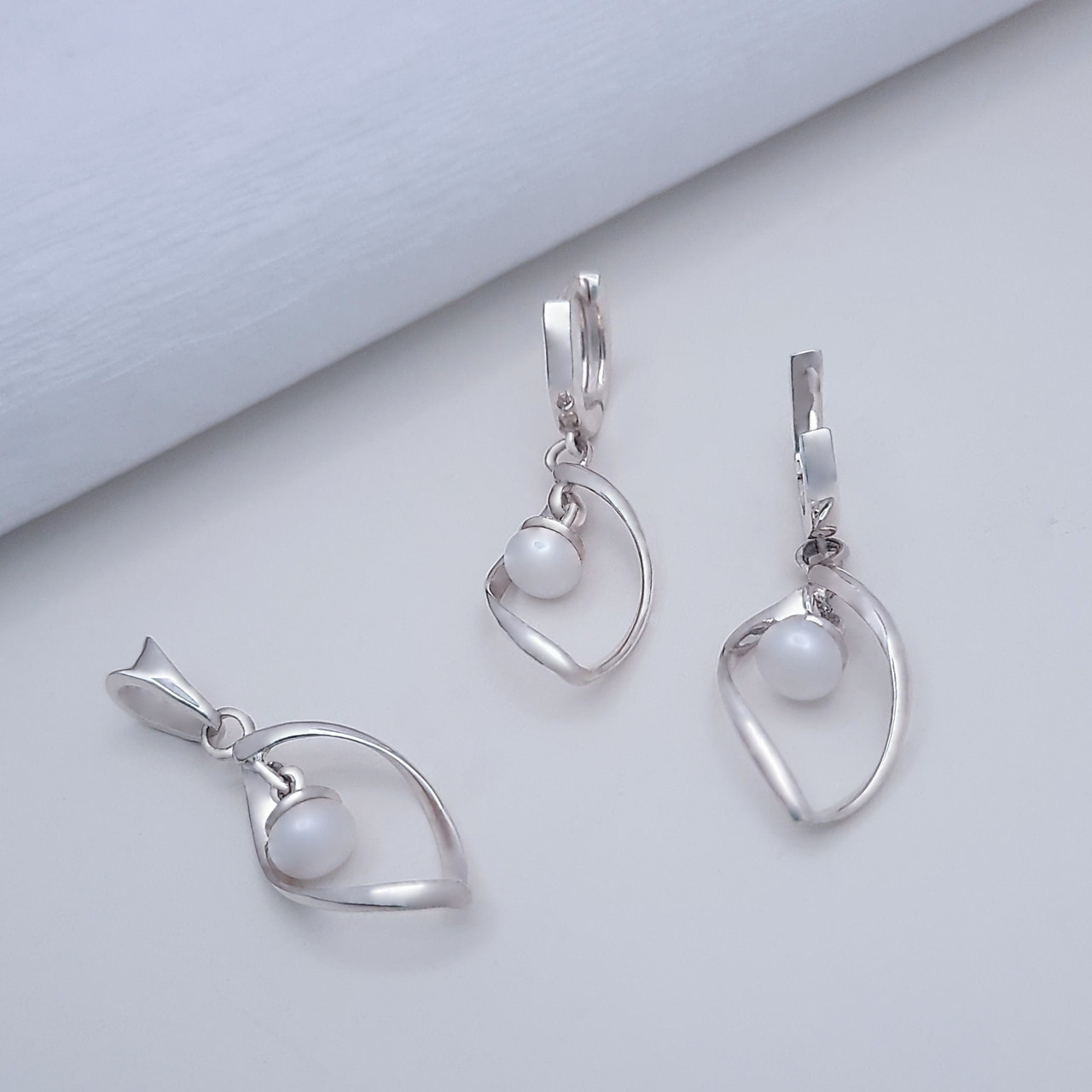 Срібні сережки та кулон з перлами Кампала, фото 1