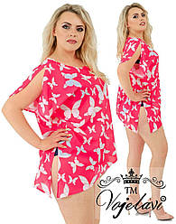 Повітряна коротка пляжна накидка-туніка шифонова з метеликами, батал великі розміри