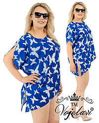 Повітряна коротка пляжна накидка-туніка шифонова з метеликами, батал великі розміри