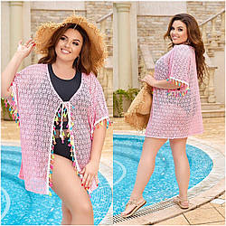 Коротка пляжна накидка-туніка із сітки макраме з тасьмою з дрібними китичками, батал великі розміри