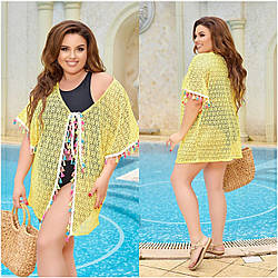 Коротка пляжна накидка-туніка із сітки макраме з тасьмою з дрібними китичками, батал великі розміри