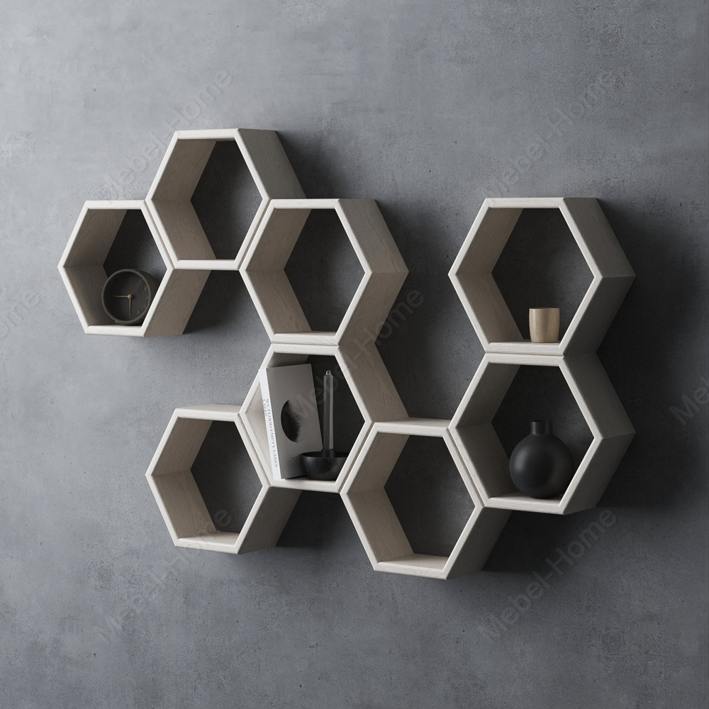 Полиця навісна сота для дрібниць дерево, полиці на стіну 8 відділень для декору в спальню, полички оригінальні, фото 1