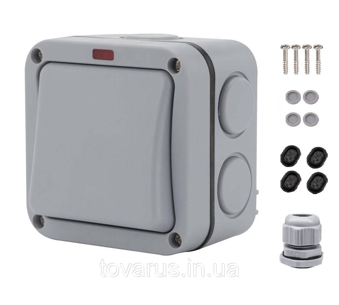 Вимикач 220V одинарний зовнішнього використання Вологозахист IP66 20A