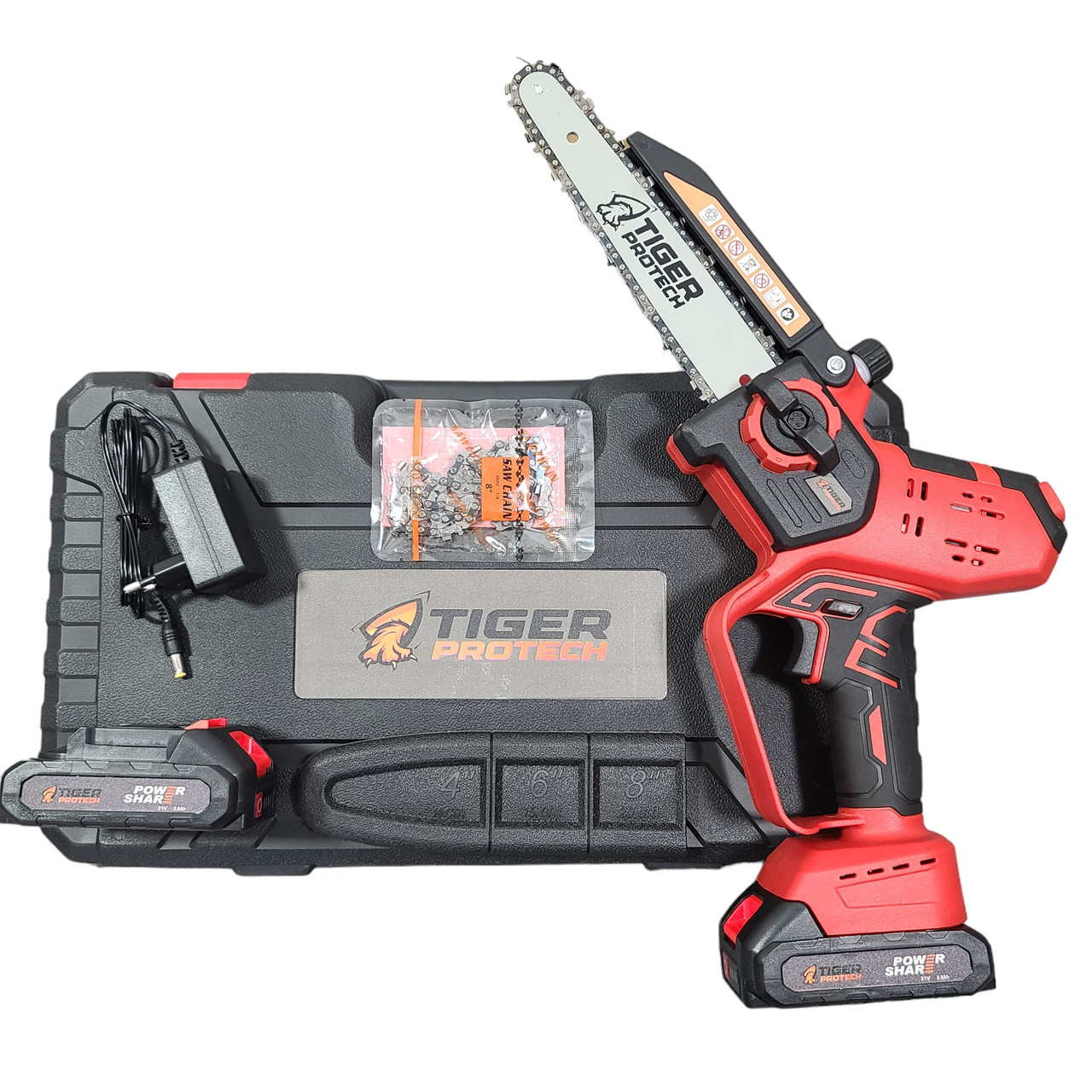 Портативна пилка TigerProTech TD-S011-MA, безщиткова, 20см, 0,8квт, 8м/с, дісплей, масляне охолодженя, 2 акб,21В/2Аг, кейс