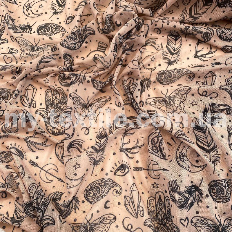 Сітка стрейч друкований принт Татучий 150 см бежевий із чорним, фото 1