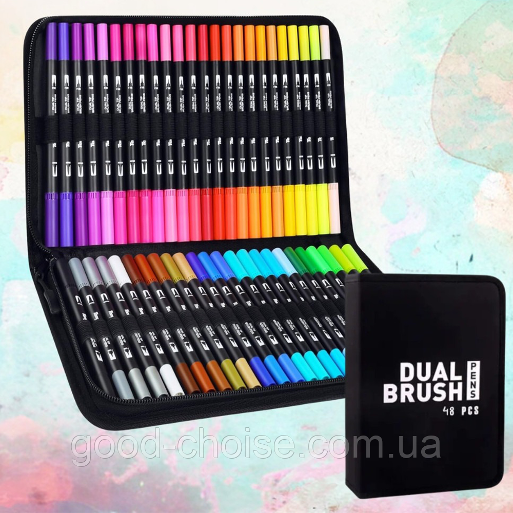 Маркери для малювання двосторонні 48шт із сумкою, Color pencil / Акварельні маркери, фото 1