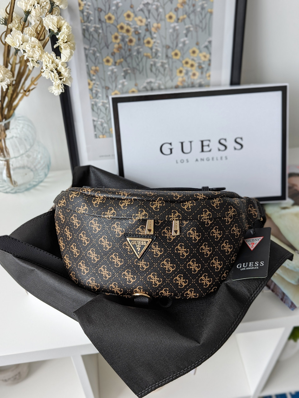 Жіноча бананка Guess Гесс коричнева + чорн, поясна бананка