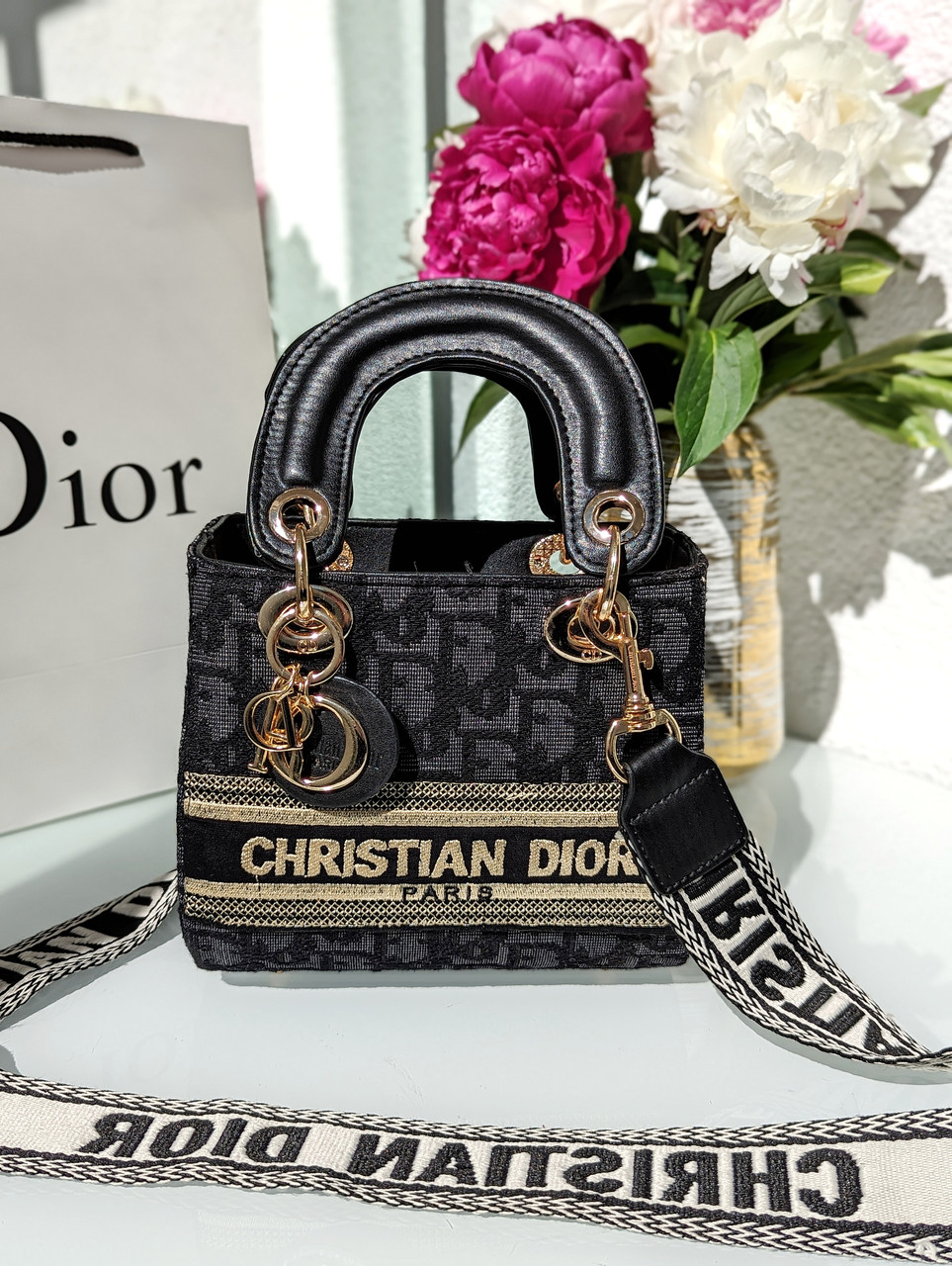 Жіноча сумка Леді Діор міні чорний текстильний із широким ременем Dior ЛЮКС якість, фото 1