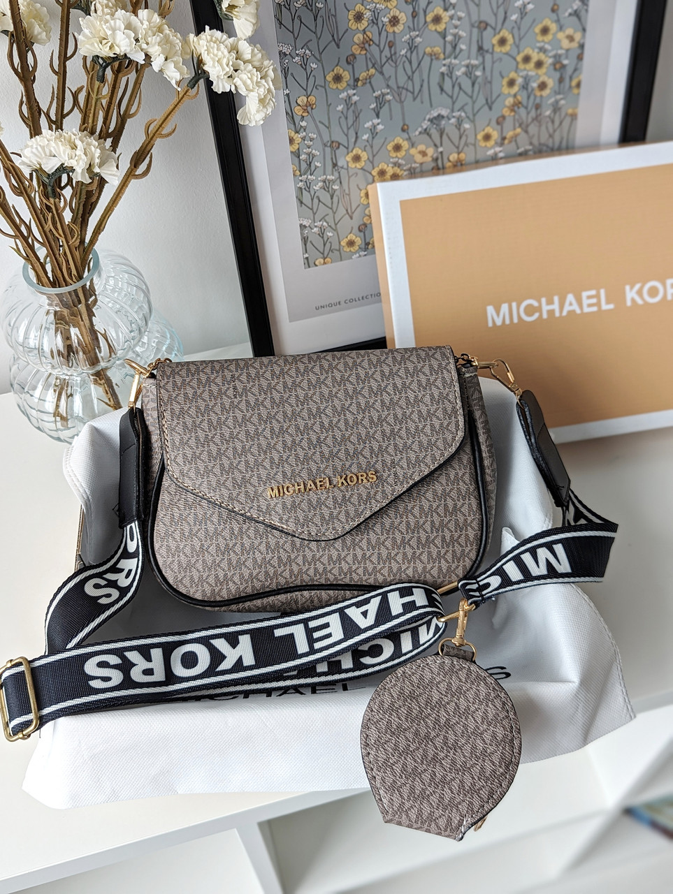 Сумка жіноча Michael Kors крос-боді 2в1 Майкл Корс сірий із чорними вставками, фото 1