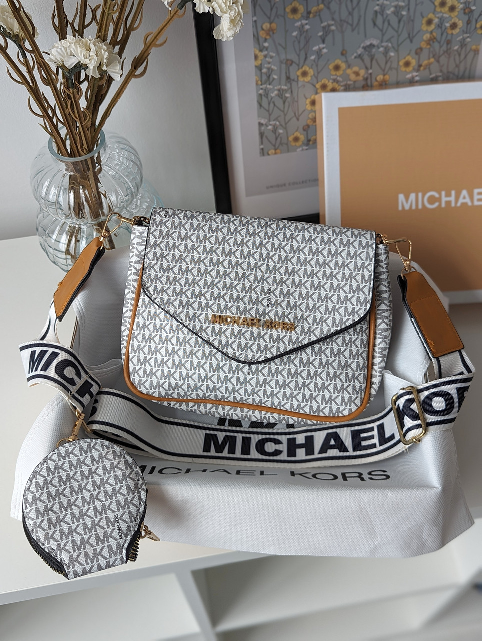 Сумка жіноча Michael Kors крос-боді 2в1 Майкл Корс білий із бежев вставками