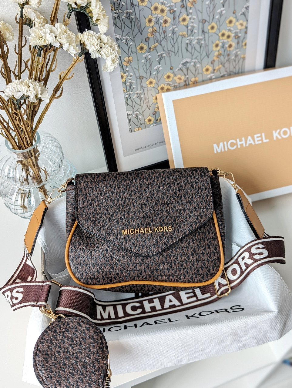 Сумка жіноча Michael Kors крос-боді 2в1 Майкл Корс коричневий із бежев вставками, фото 1
