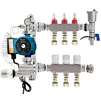 Колектор для теплої підлоги  у зборі з нижнім під'єднанням на 3 контури з насосом (ПОЛЬЩА)