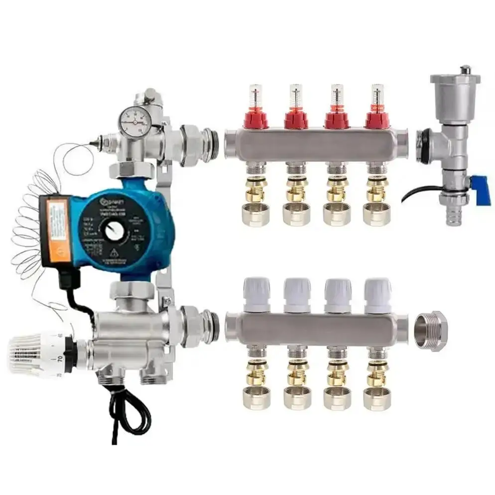 Колектор для теплої підлоги у зборі з нижнім під'єднанням на 4 контури з насосом (ПОЛЬЩА), фото 1