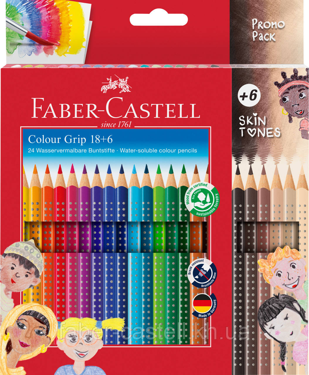Акварельні кольорові олівці Faber-Castell Grip Skin Tones 18 кольорів + 6 олівців кольорів шкіри, 112819