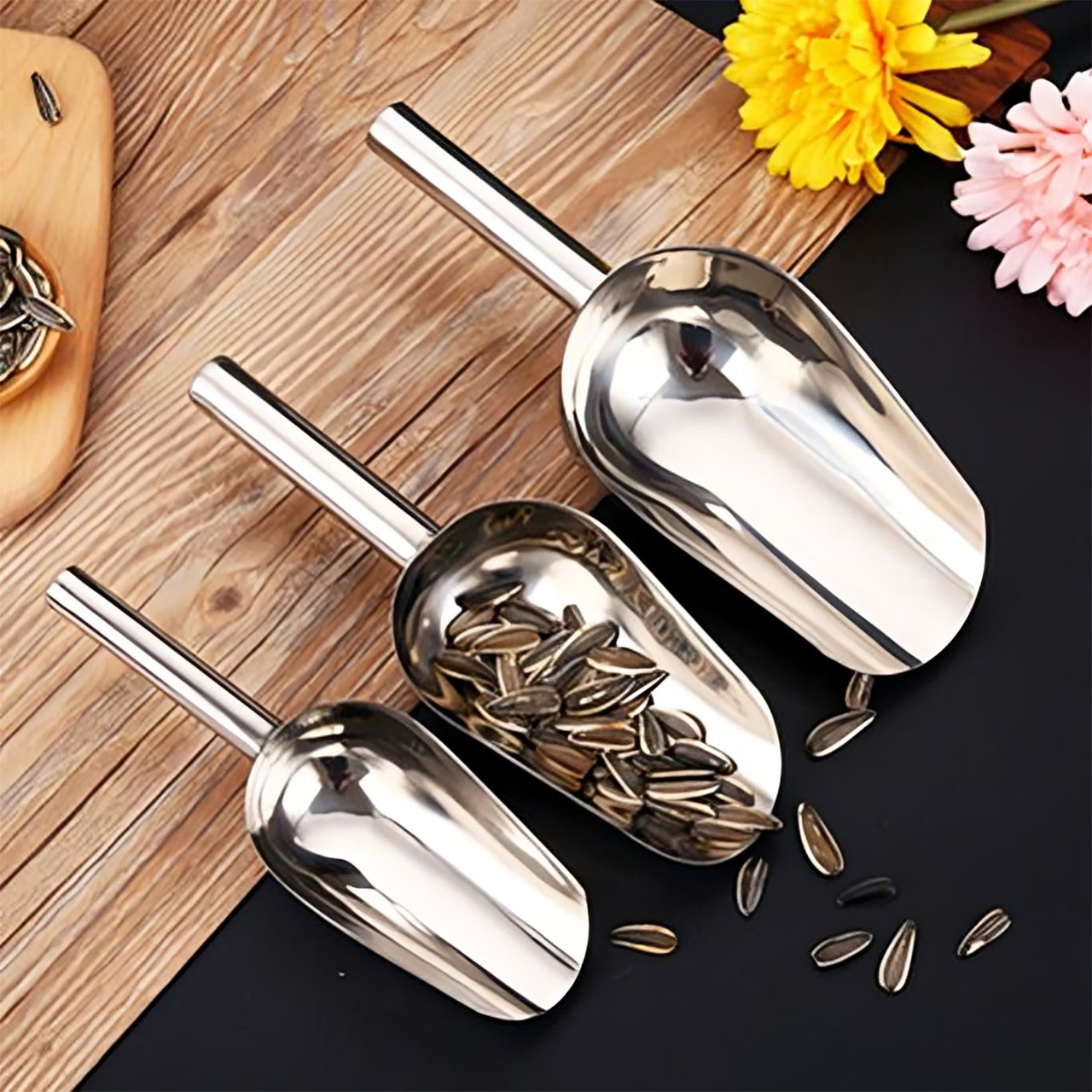 Комплект з 3 совків алюмінієвих для льоду, цукру, спецій та сипучих продуктів 26.5, 23.5 та 21.5 см