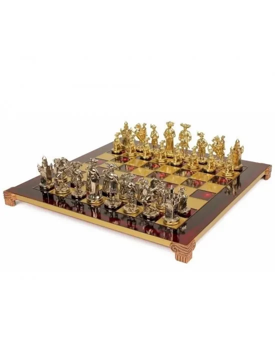S12RED Manopoulos Medieval Knights chess set with gold-silver chessmen/Red chessboard 44cm, фото 1