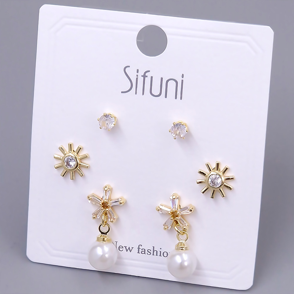 Набір із 3-х пар сережок-гвоздиків FJ. Позолота лимонного відтінку. Камені: циркон та перли