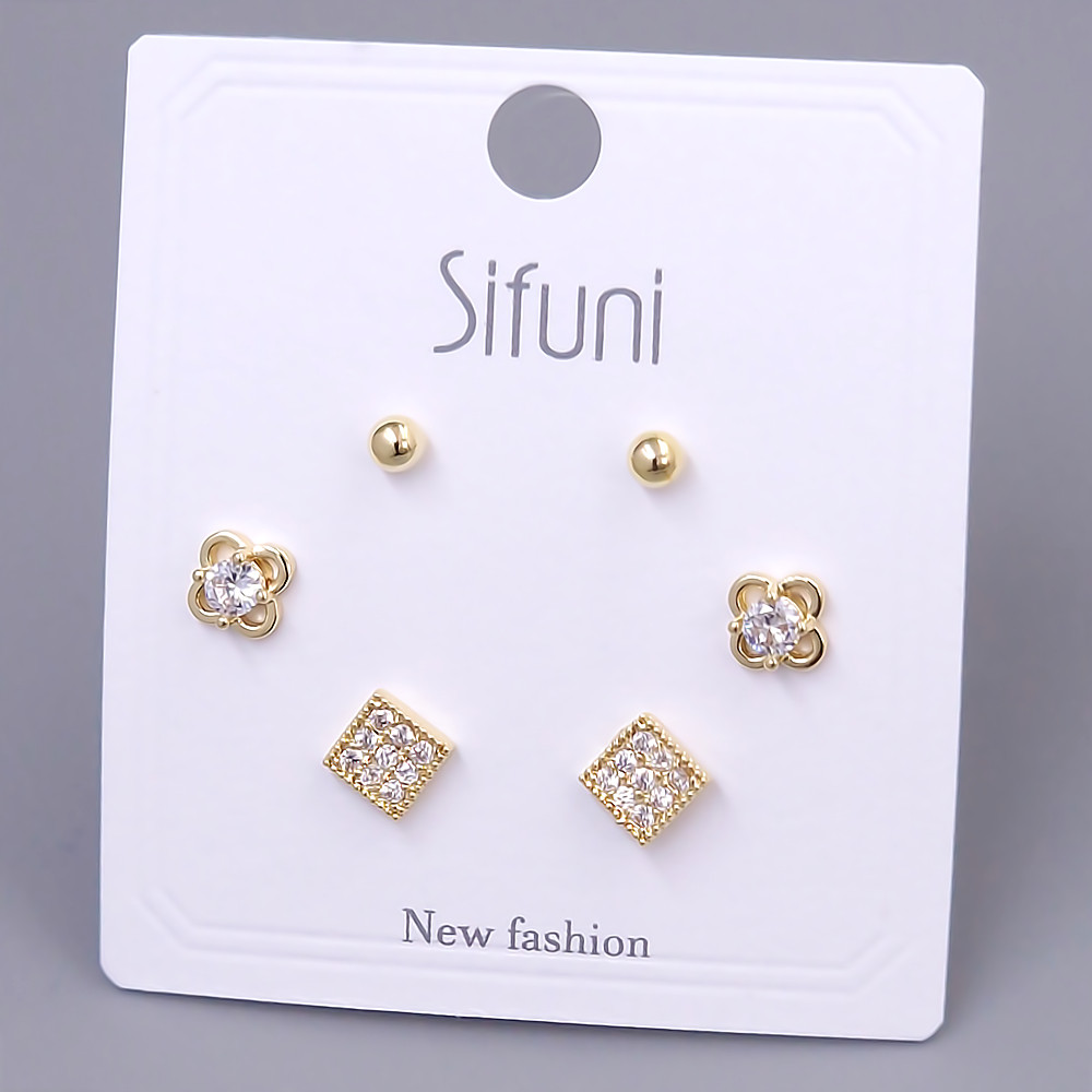 Набір із 3-х пар сережок-гвоздиків FJ. Позолота лимонного відтінку. Камені: циркон