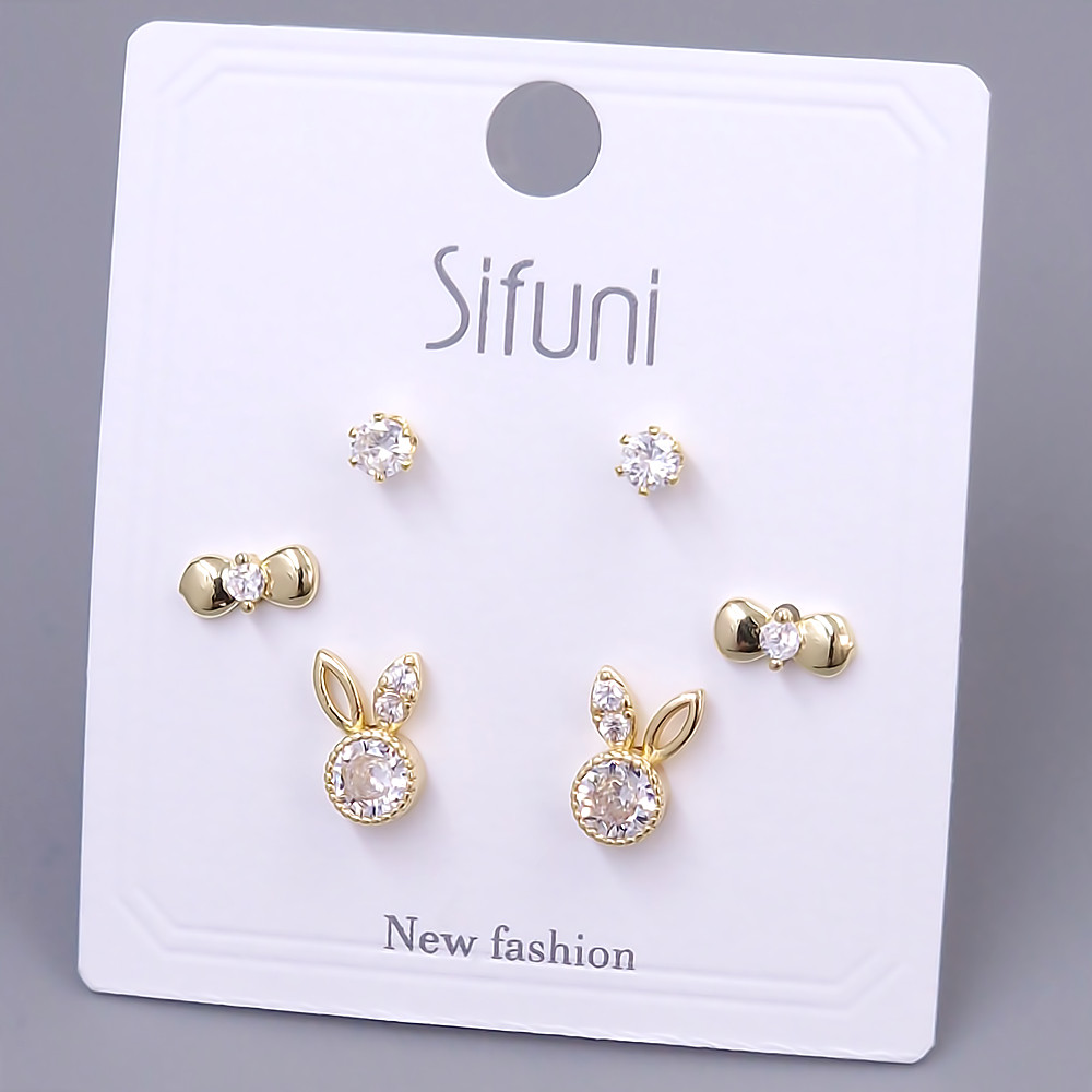 Набір із 3-х пар сережок-гвоздиків FJ. Позолота лимонного відтінку. Камені: циркон