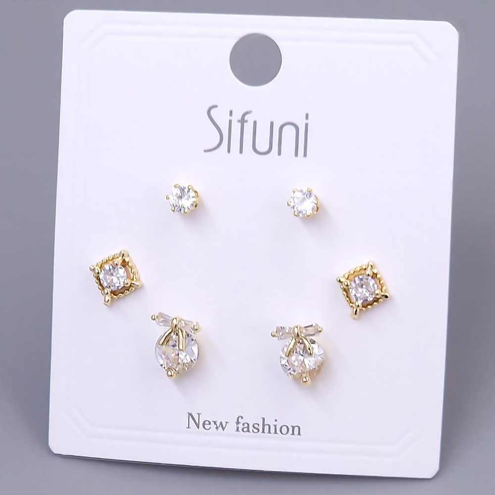 Набір із 3-х пар сережок-гвоздиків FJ. Позолота лимонного відтінку. Камені: циркон