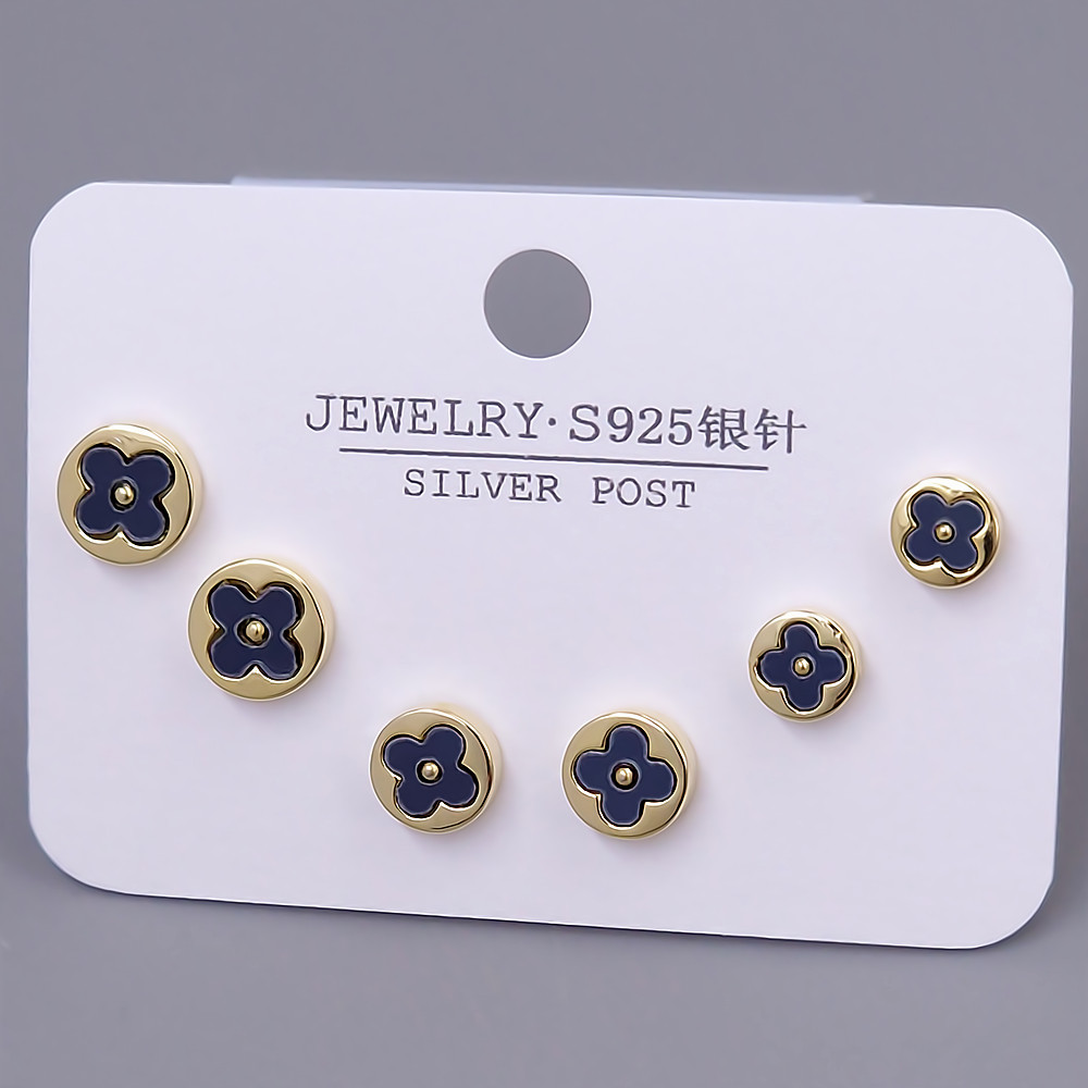 Набір із 3-х пар сережок-гвоздиків FJ. Позолота лимонного відтінку із чорною емаллю