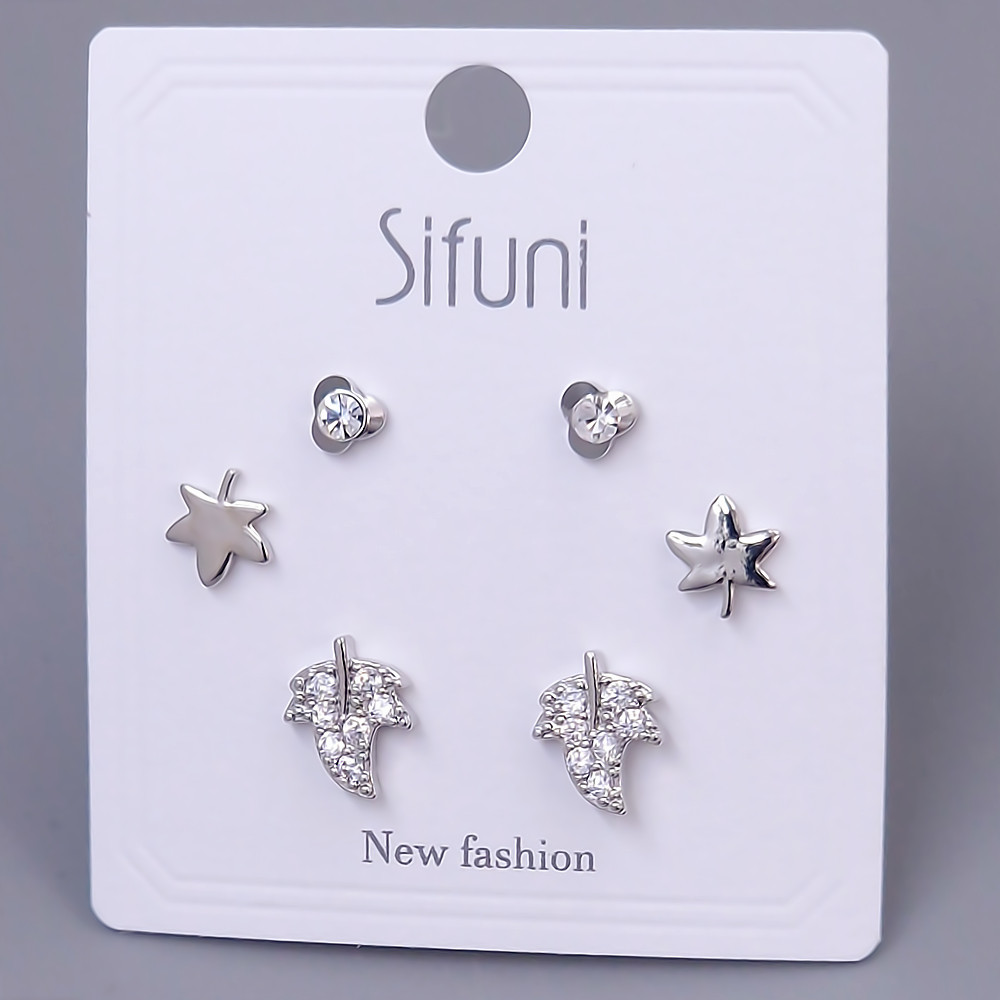 Набір із 3-х пар сережок-гвоздиків FJ. Родій. Камені: білий циркон