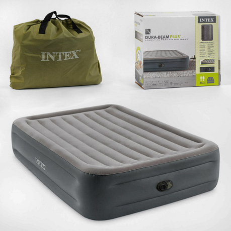 Надувне ліжко Intex 64126 (152 х 206 х 46см) двоспальний матрац з вбудованим електронасосом, сірий, фото 1