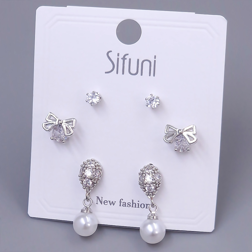 Набір із 3-х пар сережок-гвоздиків FJ. Родій. Камені: білий циркон та перли