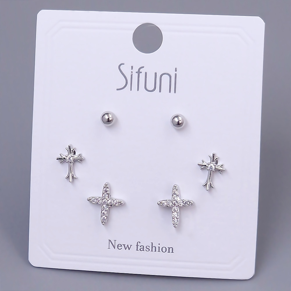 Набір із 3-х пар сережок-гвоздиків FJ. Родій. Камені: білий циркон