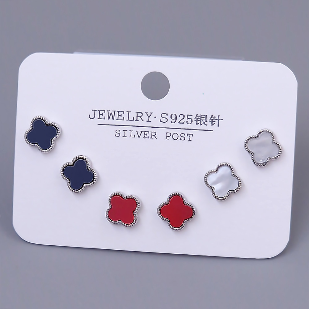 Набір із 3-х пар сережок-гвоздиків FJ. Родій. Різнокольорова емаль