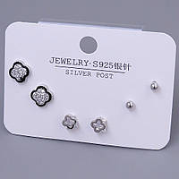 Набір із 3-х пар сережок-гвоздиків FJ. Родій. Камені: білий циркон