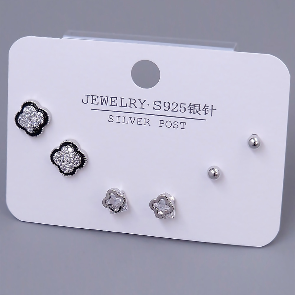 Набір із 3-х пар сережок-гвоздиків FJ. Родій. Камені: білий циркон