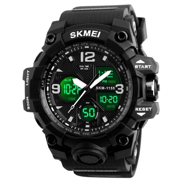 Спортивний електронний водонепроникний годинник Skmei 1155 Black. Тактичний годинник для військових