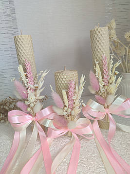 Набір натуральних свічок із вощини "Сімейне вогнище" з декором, 3шт./набір