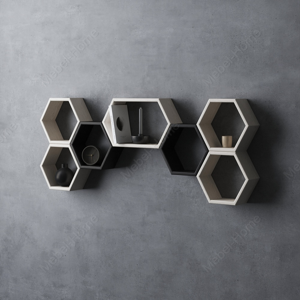 Полиці для книг настінні комбінованого забарвлення, полиці соти з натурального дерева в квартиру, фото 1