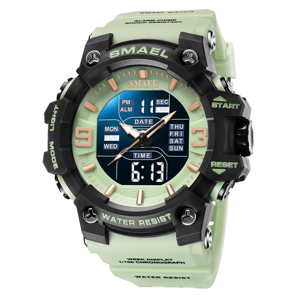 Спортивний електронний водонепроникний годинник Smael 8049 Black-Light Gray-Green. Тактичний годинник для військових