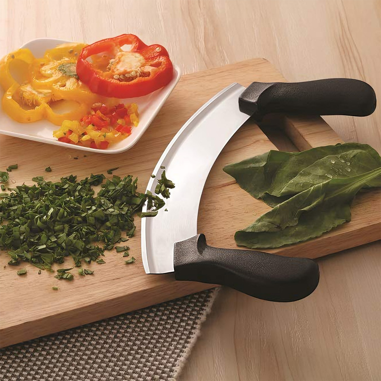 Ніж Меццалуна для нарізки сиру, зелені, часнику, піци, м'яса з двома пластиковими ручками (довжина леза 25 см), фото 1