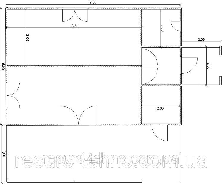 Дім 9 м х 6 м із терасою 3 м х 9 м