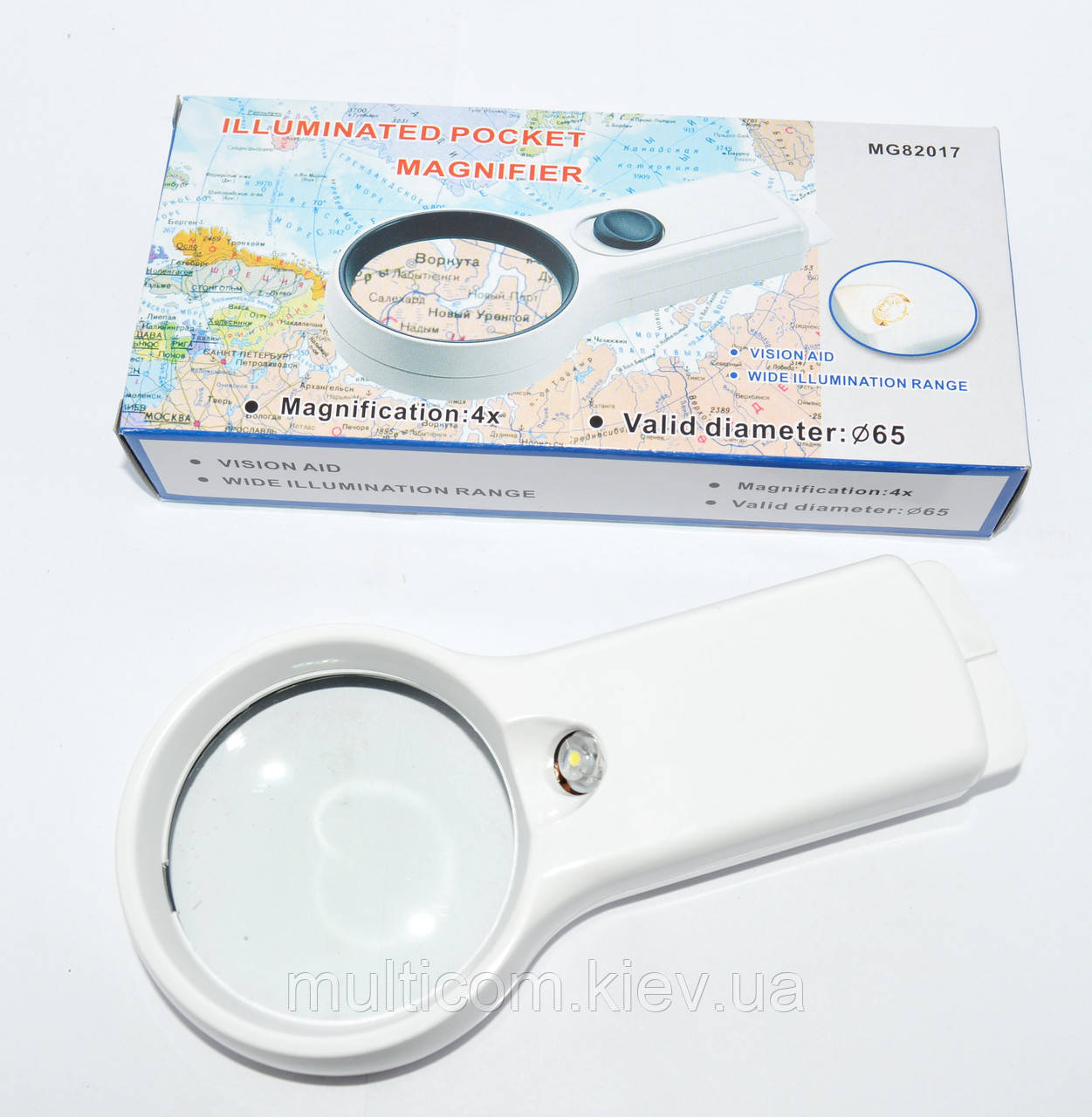 14-04-003. Лупа ручна, збільшення 4х, діам.-65мм, кругла, з LED підсвічуванням, MG82017L, фото 1
