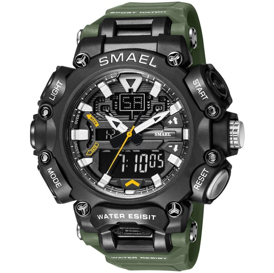 Спортивний електронний водонепроникний годинник Smael 8053 Army Green. Тактичний годинник для військових