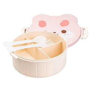 Ланч бокс дитячий пластиковий з виделкою і ложкою на три секції 950 мл "Ведмедик" Rabbit 18*18*7 см Бежевий