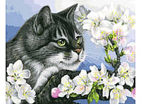 Алмазна мозаїка на підрамнику картина стразами 40х50 см DIY Кіт з квітами (SGLE 71222 - F)