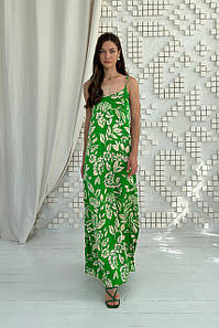 Сарафан жіночий довгий лытный шовковий зелений з принтом 3541-01